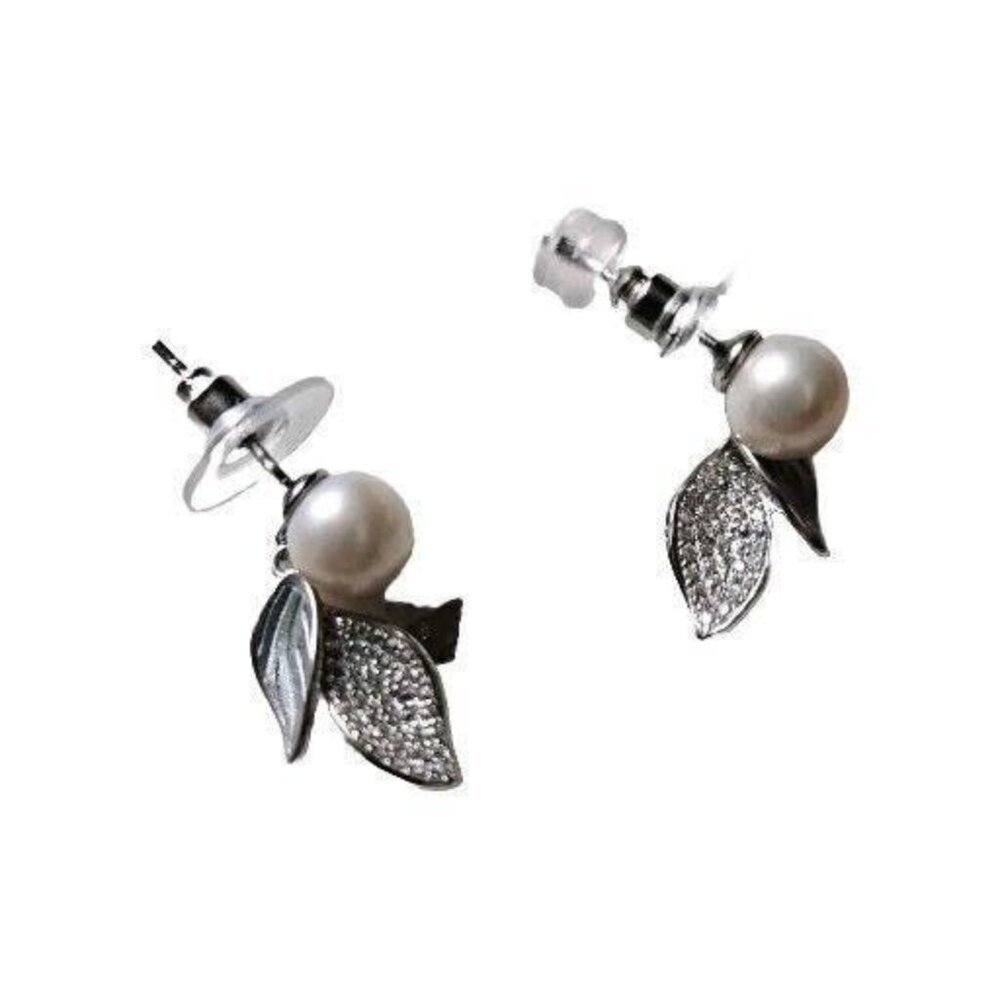 Sterling Silver Japanese Akoya Pearl 4mm And Crystal Leaf Drop Earrings